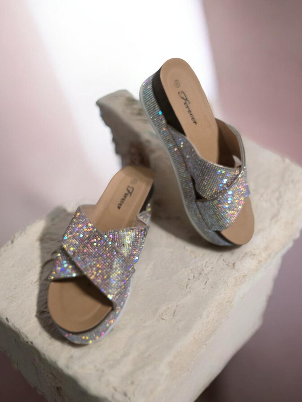 Forever  Crystal Cross-Strap Slide Sandals - Silver Size 8 . See Photos For Wear